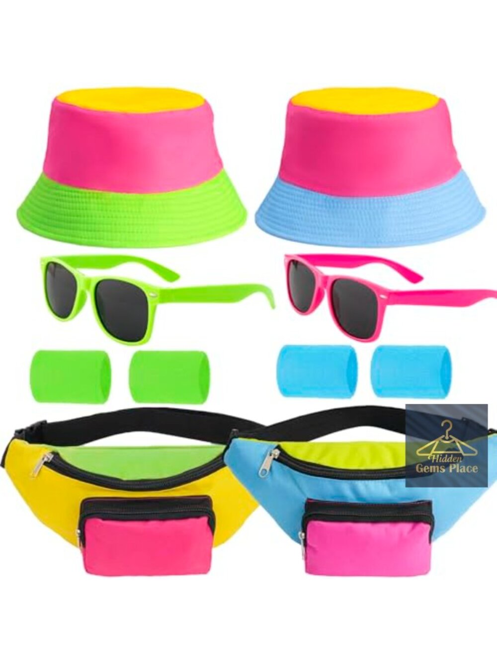 80s 90s Neon Bucket Hat And Fanny Pack Set Party Accessories